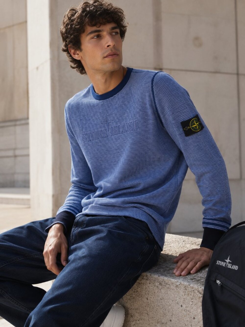 Stone Island Blue Striped Knit Crewneck Sweater Badge Size M Italy - Picture 8 of 8